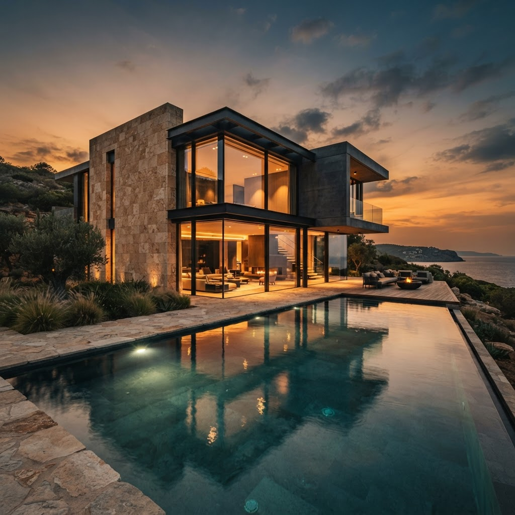 Modern luxury villa at dusk with a reflecting pool